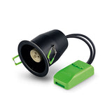 Black and green electrical components on a white background