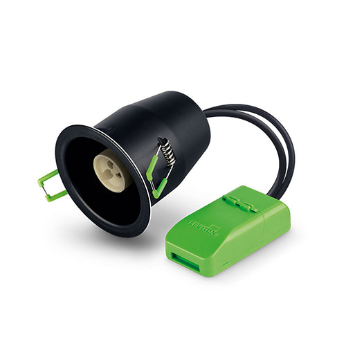Black and green electrical components on a white background