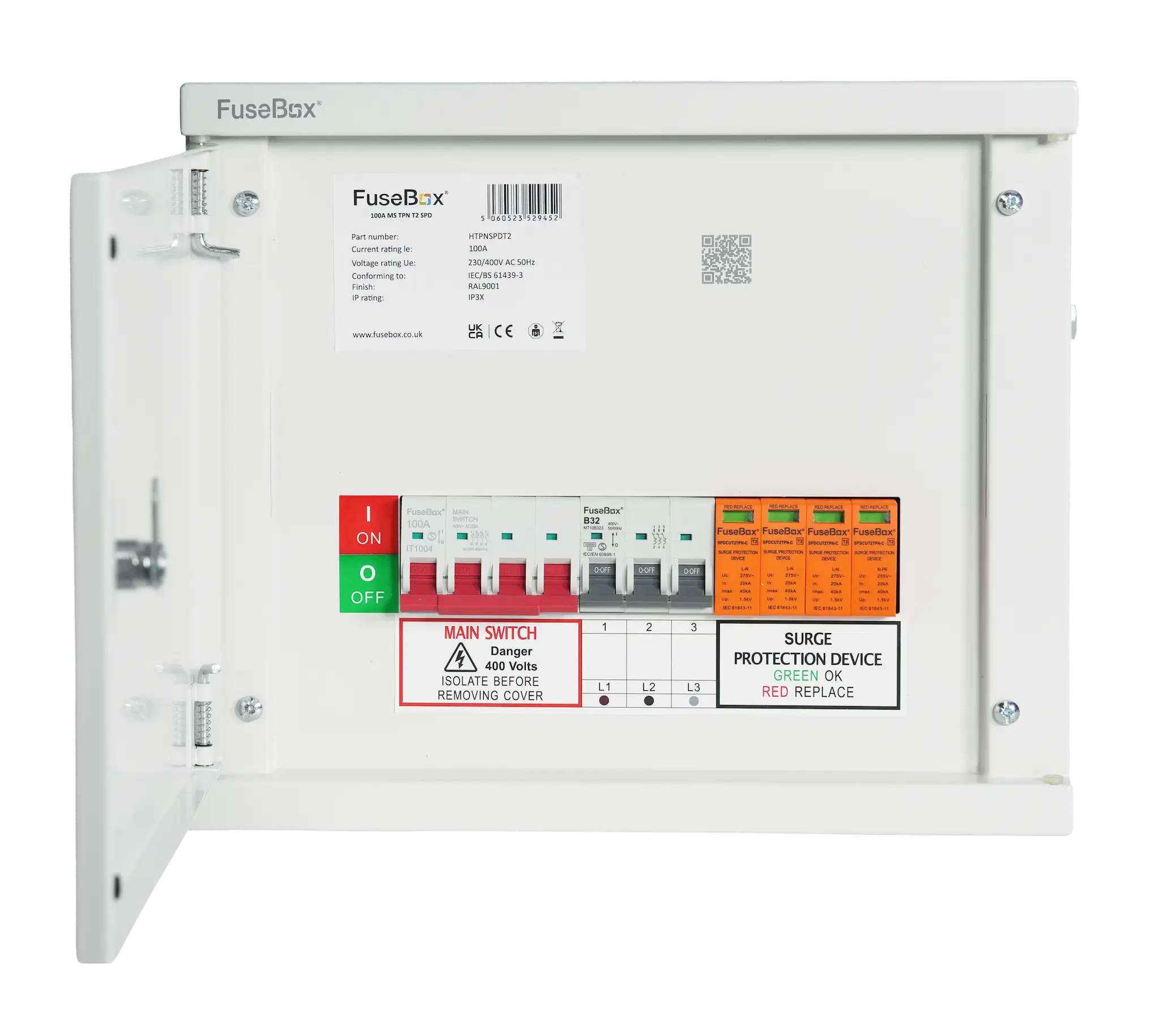 FuseBox HTPNEV32SPD 100A TP&N Horizontal EV Distribution Board with 32A 30mA Type B RCBO and Type 2 SPD - HTPNEV32SPD