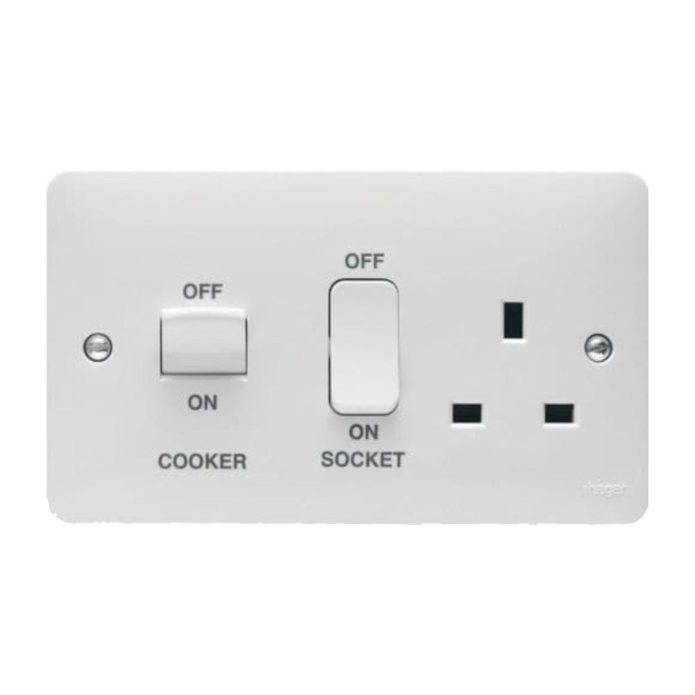 White electrical switch with 'On' and 'Off' labels for cooker and socket on a white background