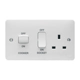 White electrical switch with 'On' and 'Off' labels for cooker and socket on a white background