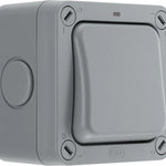 Gray plastic enclosure with brand logo on a white background