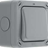 Gray plastic enclosure with brand logo on a white background