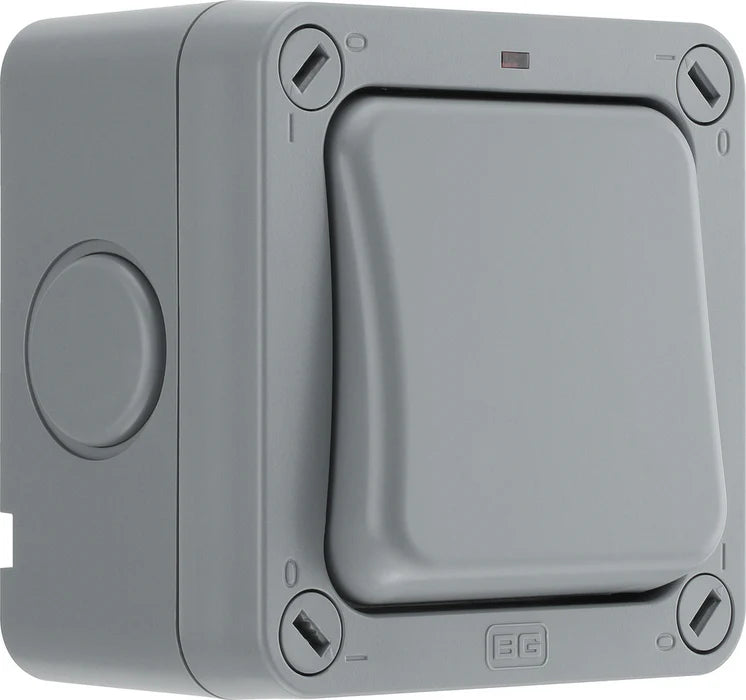 Gray plastic enclosure with brand logo on a white background