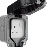 Outdoor electrical socket with a protective cover on a white background