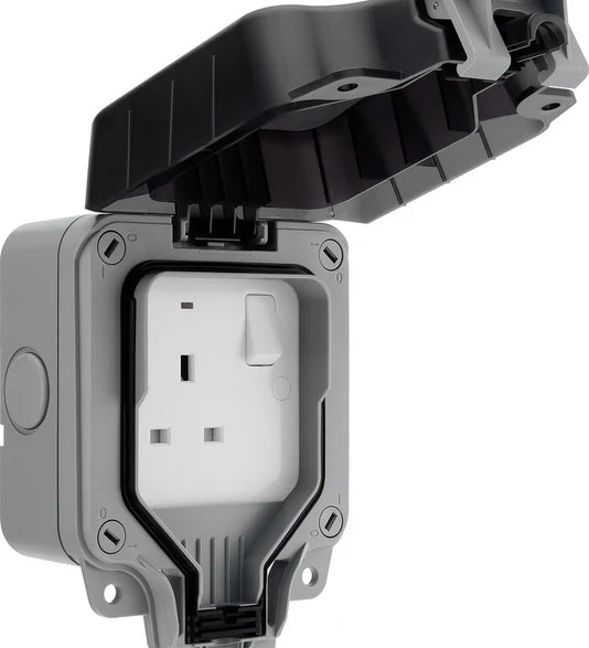 Outdoor electrical socket with a protective cover on a white background