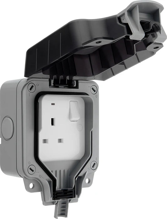 Outdoor electrical socket with a protective cover on a white background