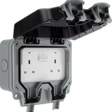 Electrical outlet with a protective cover on a white background