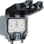 Electrical outlet with a protective cover on a white background