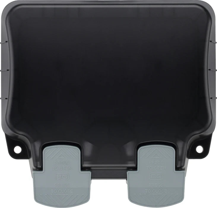 Black and gray plastic container with feet on a white background