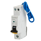 Electrical circuit breaker with blue cable on a white background