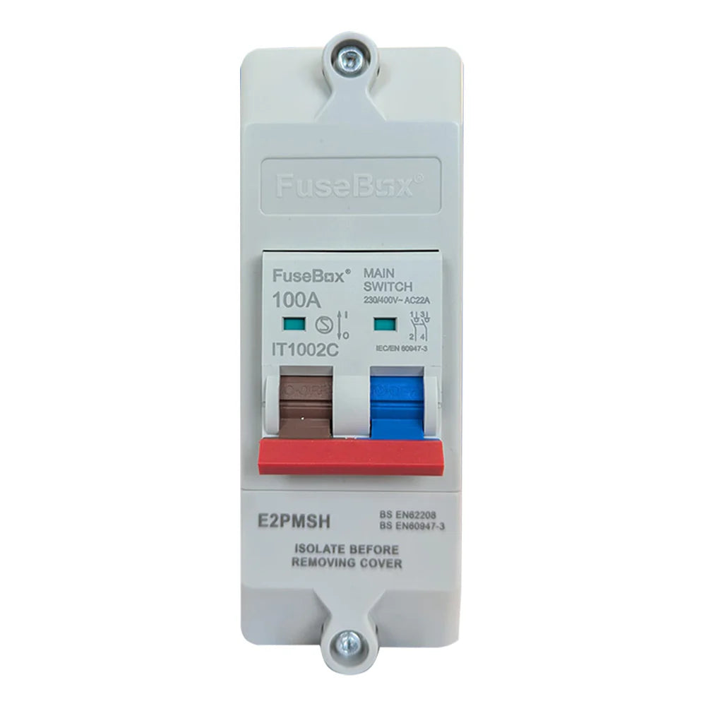Fuse box with visible branding on a white background
