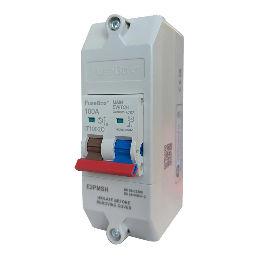 Electrical circuit breaker with red and blue switches on a white background