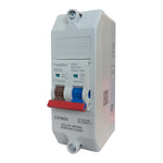 Electrical circuit breaker with red and blue switches on a white background