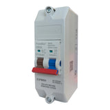Electrical circuit breaker with red and blue switches on a white background