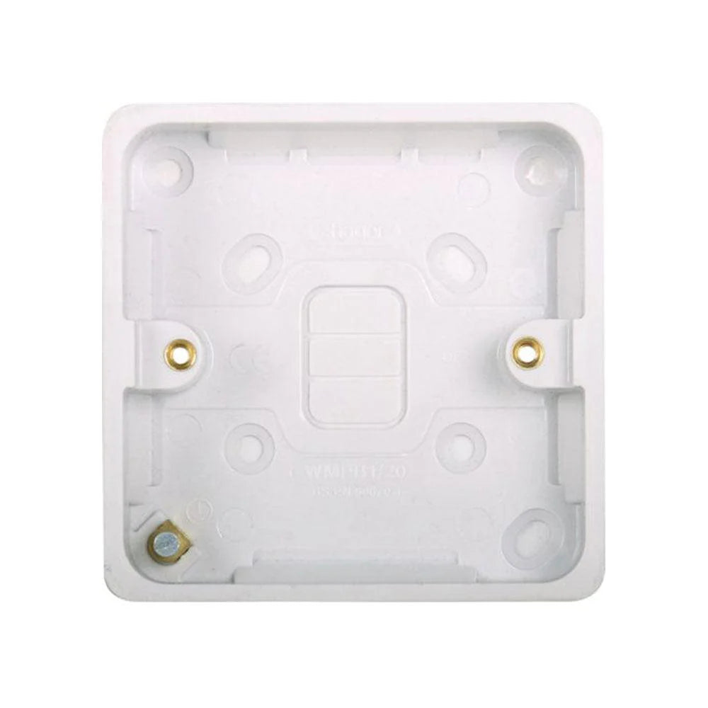 White square wall mounting bracket with screws on a white background