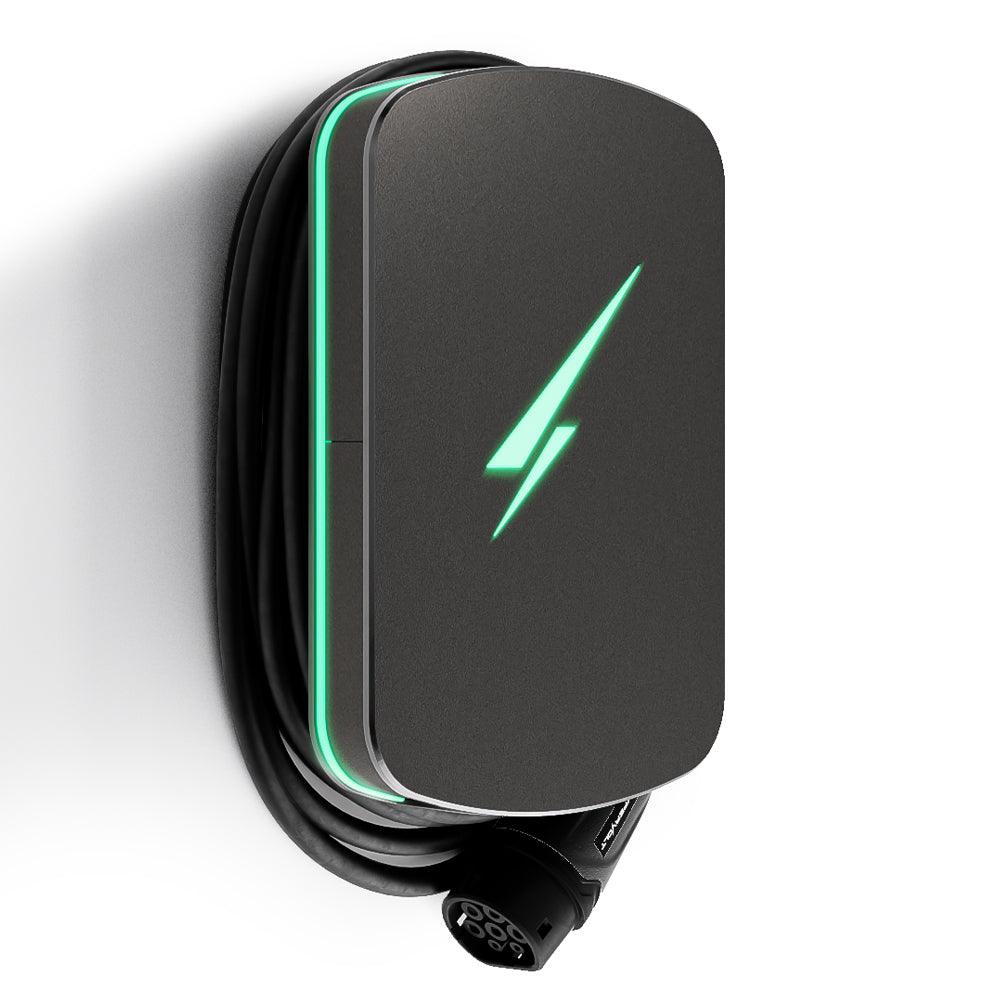 A space grey Hypervolt HV3PROAASG050T2 electric vehicle charging station with a light illuminated around the display area and a black cable.