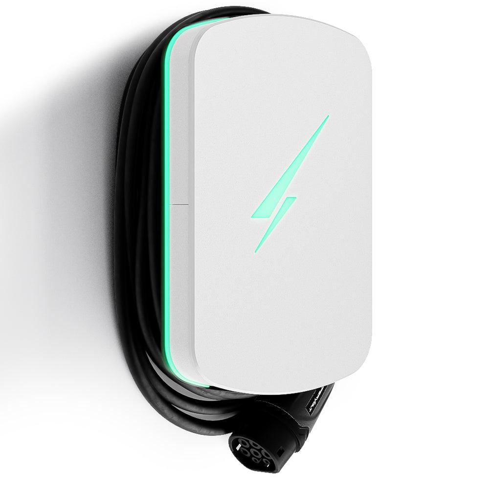 A white Hypervolt Home 3 Pro electric vehicle charging station with a black cable.