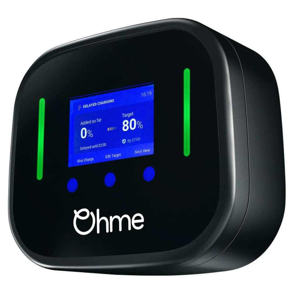 An Ohme Home Pro Smart EV Charger with an interactive LCD screen displaying charging information, predominantly black in color with green accents.