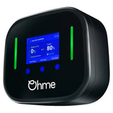 An Ohme Home Pro Smart EV Charger with an interactive LCD screen displaying charging information, predominantly black in color with green accents.